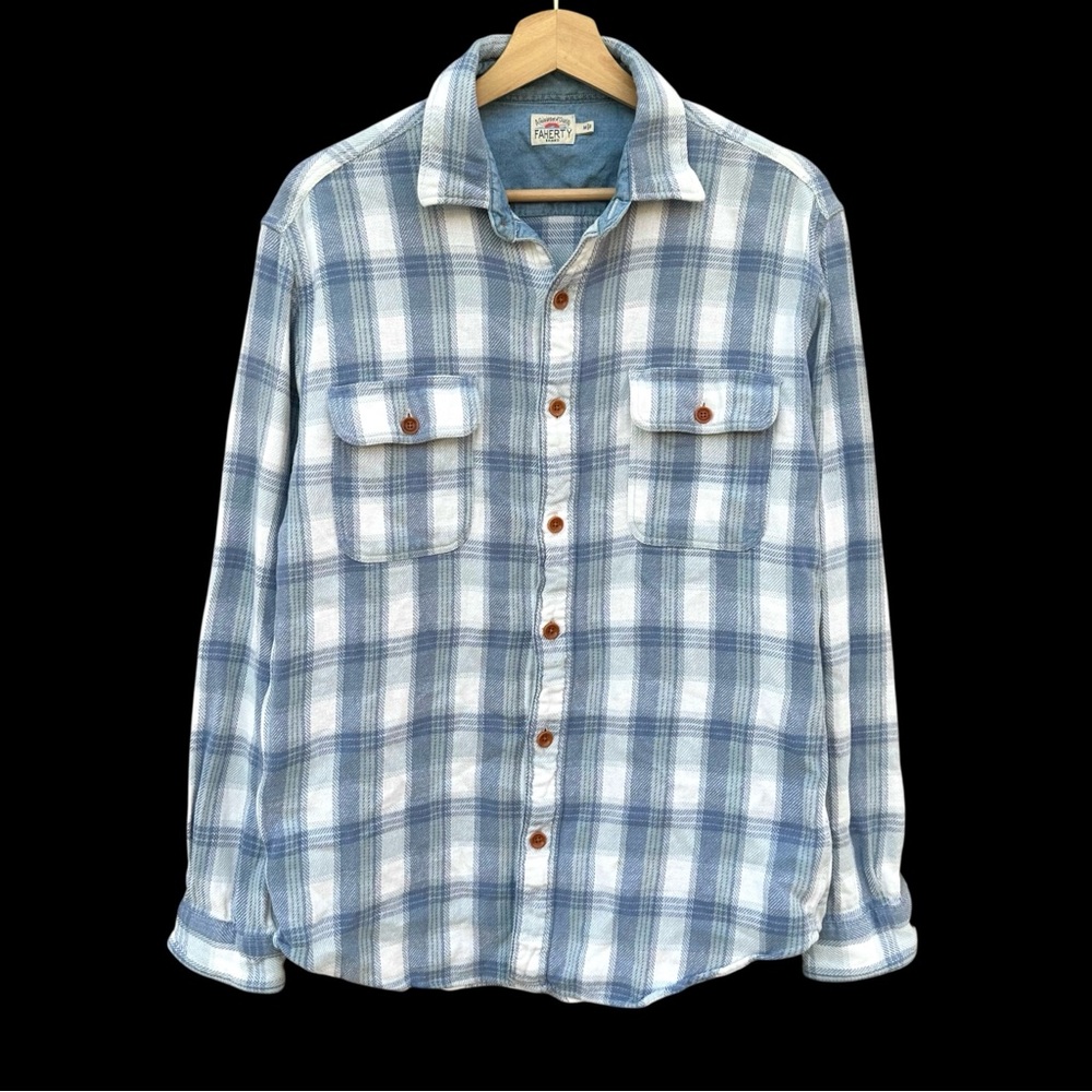 Faherty Plaid Flannel Button Down Shirt White/Blue Size Medium Organic Cotton